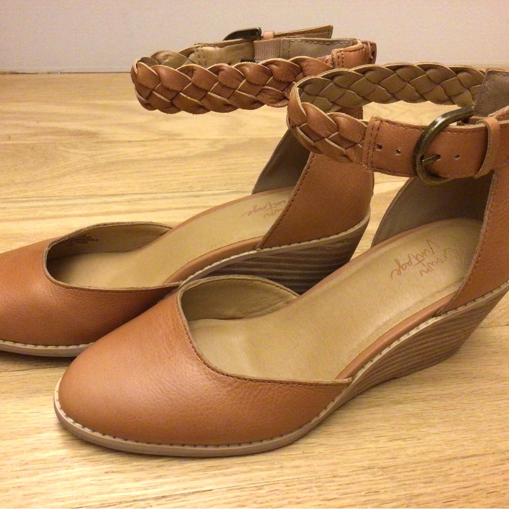 Crown Vintage Tan Wedge Braided Ankle-Strap Shoes